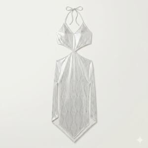 Fetish Womens XL Y2K Vixen Edgy Vintage‎ Rave Metallic Halter Maxi Club Dress